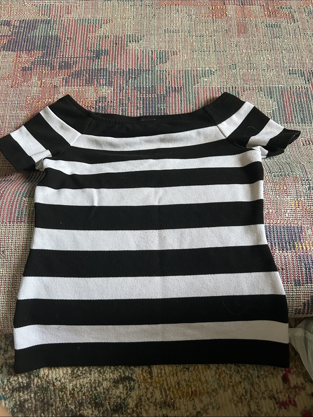Ann Taylor Factory Black & White Off-Shoulder Striped Crop Top